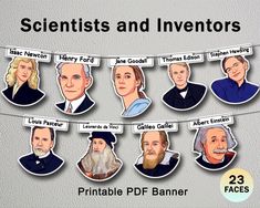 a group of people hanging from a line with the words scientist and inventors on it