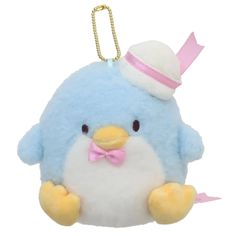 a blue and white stuffed penguin with a pink bow