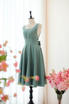 Dark sage green Dress Green Bridesmaid dresses Knee length | Etsy Sleeveless Green Midi Dress For Banquet, Green Sleeveless Midi Dress For Banquet, Party Midi Dress With Bow Straps, Sleeveless Midi Dress With Bow For Party, Backless Summer Bridesmaid Dress For Prom, Fitted Backless Bridesmaid Dress For Summer, Green Sleeveless Summer Bridesmaid Dress, Sleeveless Green Summer Bridesmaid Dress, Summer Sleeveless Green Bridesmaid Dress