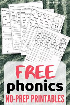 three free phonics worksheets with the text, no prep printables