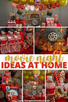 an epic family movie night at home party with balloons, streamers, and decorations