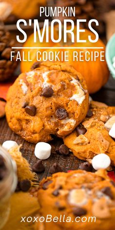 pumpkin s'mores fall cookie recipe with chocolate chips and marshmallows