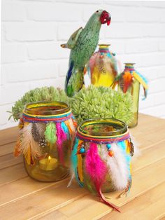 three vases with colorful feathers and plants in them