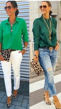 25 ELEGANT OUTFITS WITH JEANS TO WEAR NOW FOR WOMEN OVER 50 - valemoods Cute Friday Outfits For Work, Over 45 Fashion Outfits, Classy Miami Outfits, Over 50 Womens Fashion 50 And Fabulous, Outfits Over 40, Green Shirts, Mode Casual, Casual Stylish