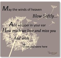 a dandelion blowing in the wind with a poem below it that says, may the winds of heaven blow softly and whisper in your ear how much we love and miss you