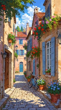 a painting of an alleyway with flowers and bicycles parked on the side walk next to it