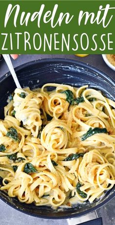 creamy lemon pasta with spinach in a skillet