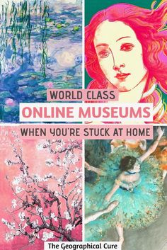 the words world class online museum are shown in four different colors and styles, with an image of a woman wearing a tutu skirt