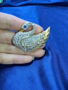 Vtg Park Lane Signed Large Rhinestone Swan Pin Brooch Blue Eye Minty. Vintage Blue Diamond Brooches, Vintage Blue Diamond Brooch, Park Lane, Blue Eye, Pin Brooch, Brooch Pin, Brooches, Bathing Beauties, Purses And Bags