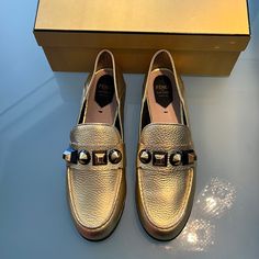 Woman’s Fendi Shoes, Gold Size 10 Loafer Casual Ballet Flats, Brown Espadrilles, Black Patent Leather Flats, Slingback Flats, Studded Heels, Platform Loafers, Fendi Shoes, Purple Leather, Leather Ballet Flats