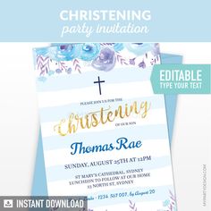 Floral Baptism / Christening Invitation. Printable PDF File - Edit Text with Adobe Reader Christening Invitation Template, Boy Christening