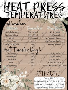 the heat press temperature sheet for an event with white flowers and greenery on it