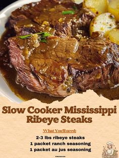 a flyer for a steak dinner with potatoes and gravy on the side is shown