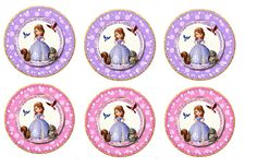 the plates have princesses on them with purple polka dots