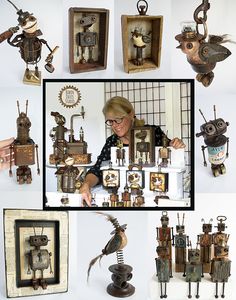 a collage of photos with various items made out of wood and metal, including an owl