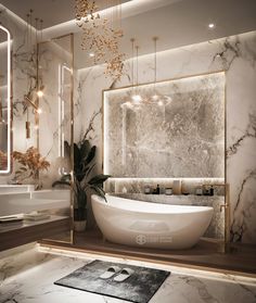 an elegant bathroom with marble walls and flooring, gold trimming on the bathtub