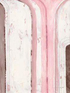 an abstract painting with white and pink colors on the walls, in front of a doorway