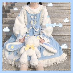 Cloud Princess, Pink And Blue Dress, Blue Long Sleeve Dress, Warm Dresses, Kawaii Fashion Outfits, Kawaii Dress, Girls Sweet, 영감을 주는 캐릭터, Blue Outfit