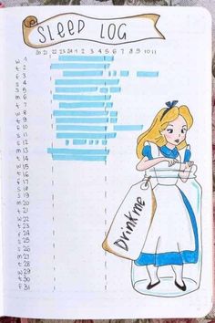 an open notebook with a drawing of a girl holding a bag and the words sleep log written on it