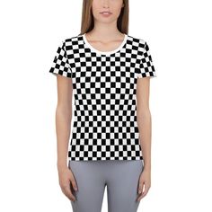 Checker Black and White, Gingham Checkered, Checker Board, Women's Athletic T-Shirt  This t-shirt easily combines comfort and style - the sports mesh fabric with moisture management and anti-microbial qualities is sure to keep any athlete dry and comfortable during exercise, while the design will make it into a unique statement piece.  • 92% polyester, 8% spandex • Fabric weight: 4.42 oz/yd² (150 g/m²) • MaxDri moisture management & MicroBlok anti-microbial fabric • Very soft four-way stretc Fitted Gingham Shirt With Short Sleeves, Casual Gingham Crew Neck Top, Casual Black Houndstooth Top, Casual Fitted Gingham Tops, Fitted White Houndstooth Top, Casual Fitted Tops With Grid Pattern, Fitted Casual Tops With Grid Pattern, Casual Fitted Top With Grid Pattern, Fitted Gingham Casual Shirt