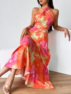 Vestido de verano de halter de mujer con estampado degradado multicolor elegante Naranja Elegante  sin mangas Tela tricotada Tie-Dye,Estampado Integral A línea No-Elástico  Women Clothing, size features are:Bust: ,Length: ,Sleeve Length: Mexico Wedding Guest Dress, Dress For Beach, Cocktail Dress Short, Teacher Dresses, Fiesta Tropical, Dresses Beach, Mexican Dress, Cocktail Outfit, Silk Dresses