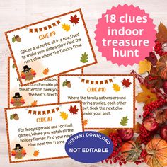 Indoor Thanksgiving Treasure Hunt Clues, Thanksgiving Scavenger Hunt Game, Thanksgiving Games for Kids and Adults, Turkey Hunt Game Download This product is an INSTANT DOWNLOAD PDF file. NO PHYSICAL ITEM WILL BE SHIPPED TO YOU as this is a digital purchase. What will you get? A high resolution PDF file to print on letter size 8.5 x 11  File prints 18  clues and Instructions each  card size is 2.5x3.5"  Answer key size is 8.5x11" Note: Files for this listing are not personalized, not editable & w Turkey Hunt Game, Indoor Scavenger Hunt, Turkey Hunt, Thanksgiving Scavenger Hunt, Thanksgiving Games For Kids, Macys Parade, Treasure Hunt Clues, Scavenger Hunt Games, Turkey Hunting