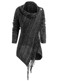 Asymmetrical Fringed Knitted Cardigan - Graphite Black - 4W41674510 - Women's Clothing, Women's Sweaters, Women's Cardigans  #WomensCardigans #Women's #Clothing # #Women's #Sweaters # #Women's #Cardigans Plus Size Cosplay, Robes Vintage, Short Lace Dress, Printed Long Dresses, Cardigan Shirt, Vestidos Vintage, Women Sleeve, Dress For Short Women, Knitted Cardigan