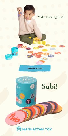 a young boy sitting on the ground surrounded by toys and paper circles with words make learning fun shop now subi