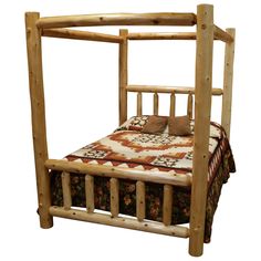 a wooden bed frame with a quilt on it