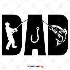 the fishing dad logo is shown with a fish and hook on it's side