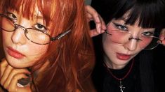 two women with piercings on their ears are posing for the camera and one is wearing glasses