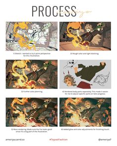 the process sheet for an animation movie with various scenes and text, including characters in different stages