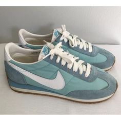 Beautiful Vintage 1982 Nike Oceania Turquoise And White Women's Running Sneakers. Us Size 8.5. Turquoise Suede And Nylon Upper, White Nike Swoosh, Cushioned Textile Insoles, Logo At Heel, And Rubber Outsoles. Marked On The Inside Of The Shoe “820911lt” Made In The Philippines. Shoes Look Like They Have Never Been Worn And Were Probably Stored For Many Years. They Are Super Clean With A Few Tiny Marks. Insoles Have Light Marks/Soiling From Storage. Outsoles Looked Like They Have Never Been Walked On. The Only Imperfections I Can See Are Light Marks On The Suede Parts And Darkened Glue Marks, Common With Old Vintage Nike Sneakers. These Do Not Come With The Box. Guaranteed Authentic. Pl Vintage Nike Sneakers, Running Sneakers Women, Bowling Shoes, Nike Free Runs, White Nike, Nike Swoosh, Grey Shoes, Athletic Sneakers, Nike Cortez Sneaker