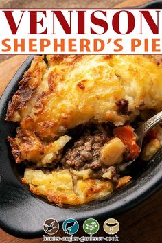 a close up of a plate of food on a table with text that reads, venison shepherd's pie