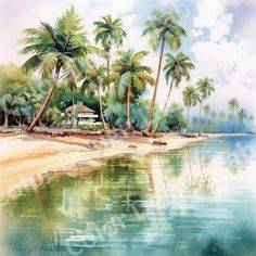 watercolor painting of palm trees on the shore of a tropical island with a white house in the distance