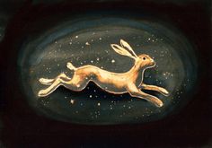 an image of a golden rabbit running in the air with stars on it's back