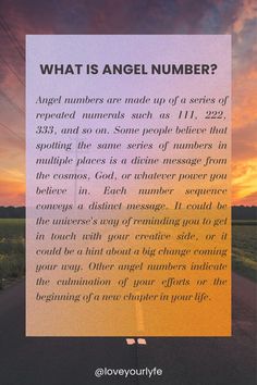 an image with the words what is angel number? in front of a sunset background