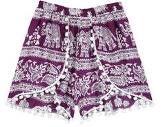 These funky purple and white shorts are stylish and unique, especially with a pom border running along the seams.  They are ideal for a hot summer day at the beach, or even for running errands. #tlb #JuniorPetite #vacationclothing #beachwrap #HippieShorts #BeachShorts #ElephantShorts Playful White Shorts For Beach Season, Playful White Shorts For Vacation, White Bohemian Shorts For Beach, White Bohemian Shorts For The Beach, White Summer Shorts For Festival, White Summer Festival Shorts, Casual White Shorts For Festival, Purple Beachwear Shorts For Beach Season, Purple Beachwear Shorts For Beach