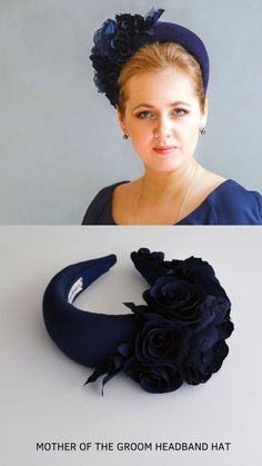 Navy fascinator for mother of the bride, mother of the groom by TailoredMagic, free shipping. Navy blue headband hat for wedding guest inspired by wonderful Kate Middleton. Navy blue fascinator headband is hand made. Navy wedding hat comes with organza flowers or satin flowers only. Padded halo headband crown covered in a fabric. Floral halo headpiece trimmed with flowers. Navy hatinator will instantly elevate any outfit. Navy Hats Wedding, Kate Middleton Headband, Vintage Blue Fascinator For Weddings, Navy Blue Hatinator, Hat For Wedding, Blue Fitted Headband Fascinator, Elegant Blue Headband Fascinator, Navy Blue Fascinator, Navy Fascinator