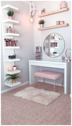 a white desk with a mirror, shelfs and plants on it in a room