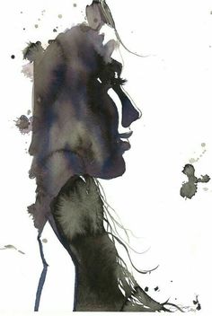 a watercolor painting of a woman's face with her hair blowing in the wind