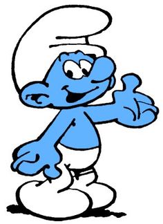 the blue smurf is standing with his arms crossed