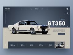 a website page with an image of a white mustang car on the front and side