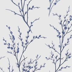 branches with white and blue flowers against a gray background