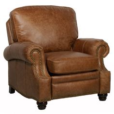 a brown leather chair sitting on top of a white floor