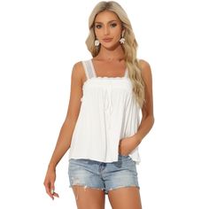 Square Neck with Lace Panel Straps and Front, this casual sleeveless top is really stylish. Elastic Back design with cute flowy hem, the blouse is elegant and can be pair with jeans, skirts, sandals and heels. Sleeveless tank tops with flowy hem, special eyelet embroidery lace straps makes you special and outstanding in the crowd. Ruffles hem and elastic back design, It's feminine and flowy to hide the stomach which suitable for any body shape. The versatile sleeveless tops pairs perfectly with Flowy Shirts, Womens Tank Tops Summer, Tie Waist Top, Sleeveless Tops Summer, Eyelet Embroidery, Ruffle Tank Top, Tank Top White, Lace Straps, Plus Size Tank Tops