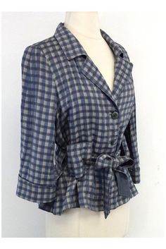 Size 4 Blue & Grey Plaid Jacket Body 56% Viscose 39% Linen 5% Silk Buttons on front Waist tie Cropped sleeves Shoulder to shoulder 15" Total length 25.5" Blue Collared Summer Outerwear, Blue Collared Outerwear For Summer, Casual Long Sleeve Outerwear With Tie Waist, Blue 3/4 Sleeve Outerwear For Fall, Blue Collared Blazer For Work, Blue Collared Blazer For Workwear, Fall Blazer With Tie Waist And Long Sleeves, Fall Long Sleeve Blazer With Tie Waist, Blue Fitted Collared Blazer