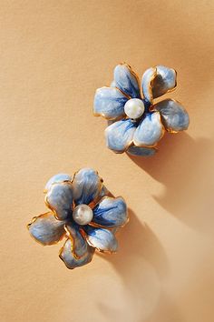 Find THE PINK REEF Handpated Floral Post Earrgs on Editorialist. Finish your celebratory look with a pair inspired by the beauty of flowers, as a refined and elegant addition to your wedding ensemble, a gift to your bridemaids, or for any event on your calendar for the season. Handpainted Floral Post Earrings by The Pink Reef in Blue, Women's, Gold/Plated Brass/Freshwater Pearl Fantasy Earrings, Jeweled Earrings, Trendy Earrings, Dream Jewelry, Gold Hoop Earrings, Wedding Earrings, Bridal Earrings, Bling Bling