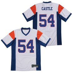 Thad Castle Blue Mountain State Football Jersey Varsity Jersey With Team Logo For Sports Season, Varsity Jersey With Team Logo, White College Jersey With Letter Print, College White Jersey With Letter Print, College Sportswear Jersey With Team Name, White Team Spirit Jersey For College, White Jersey For College With Team Spirit Style, Collegiate Team-colored Jersey With Contrast Stripes, Team-colored Varsity Jersey For Sports Season