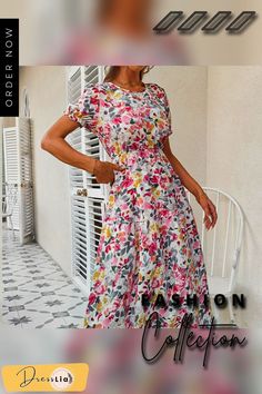 Elegant Boho Beach Summer Women Dress Short Princess Sleeve Floral Print Dress New O-neck High Waist Zip A-line Long Dress A Line Long Dress, Princess Sleeves, New O, Boho Beach, Beach Summer, Dress Short, Women Dress, Floral Print Dress, Summer Beach